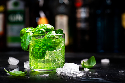 Basil smash alcoholic cocktail drink with dry gin, syrup, lemon,, a Food & Drink Photo by 5PH