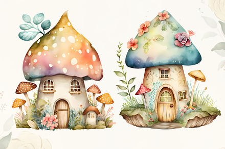 Watercolor Mushroom Houses Clipart