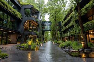 Sustainable urban office courtyard with green facades, glass bridge and biophil, a Photo by AS photostudio