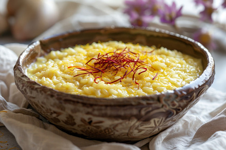 A rustic bowl filled with rice, crea, a Photo by Iftikhar Alam