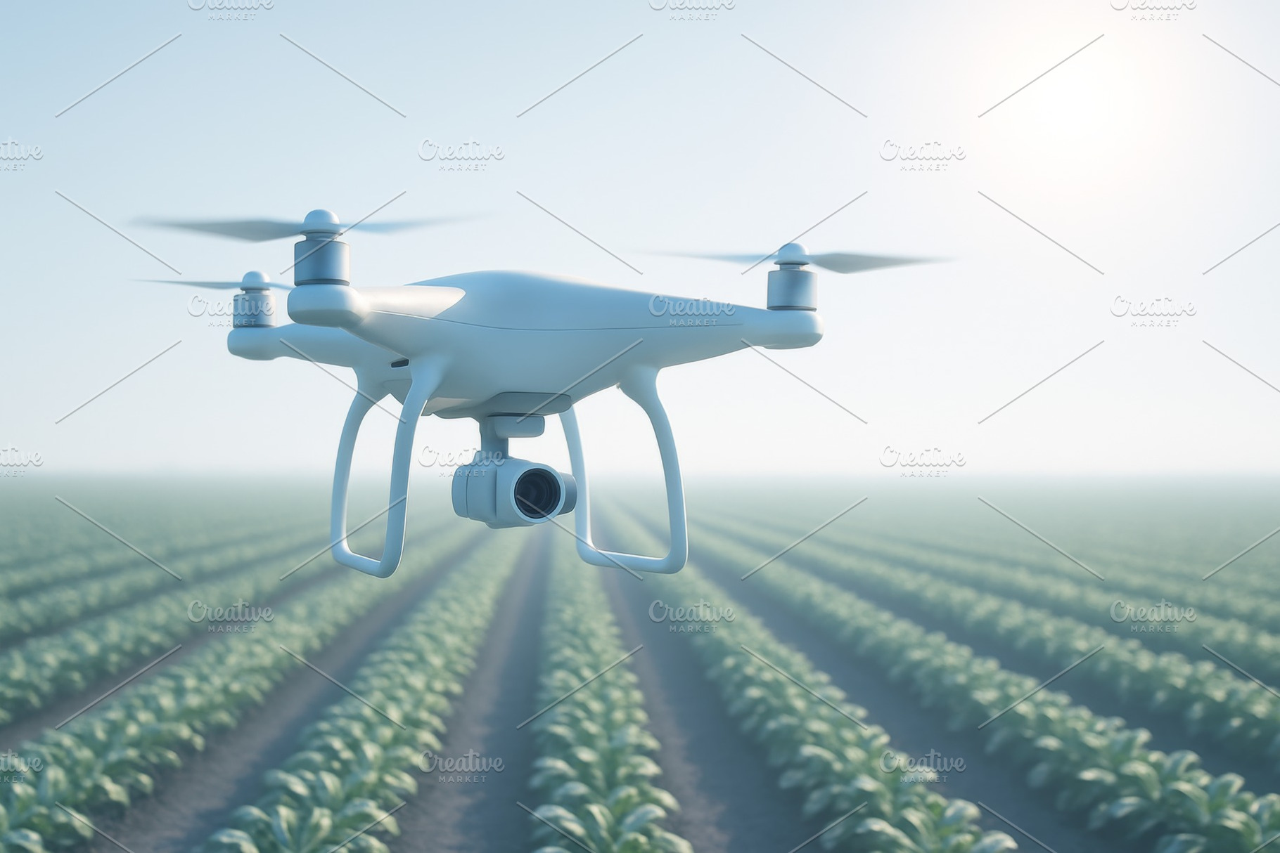 Drone above rows of crops in smart f, a Photo by Dvoevnore photos
