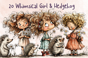 Whimsical Floral Girl & Hedgehog