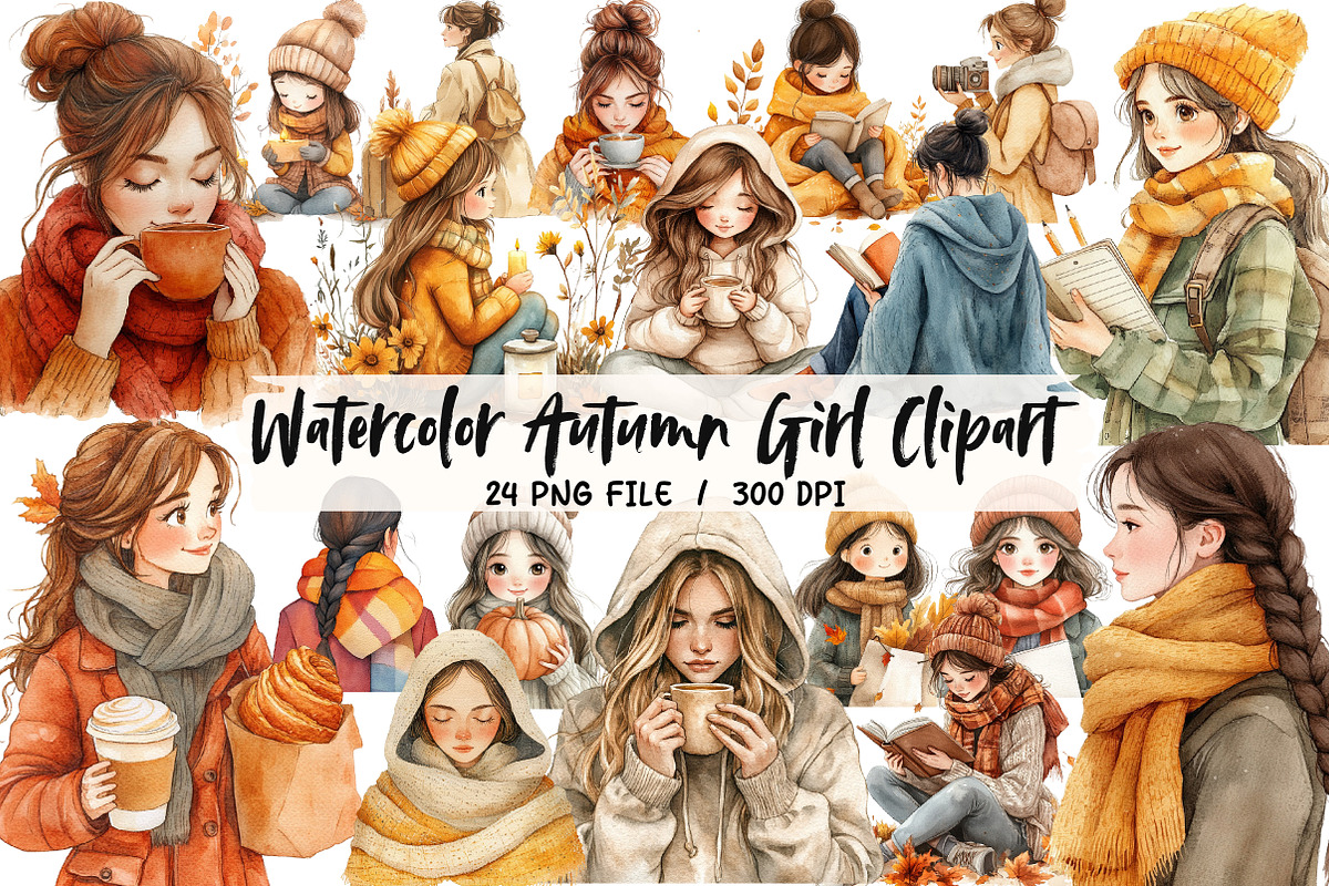 Watercolor Autumn Girl Clipart, an Illustration by Libby Wishes (Photo 1 of 5)