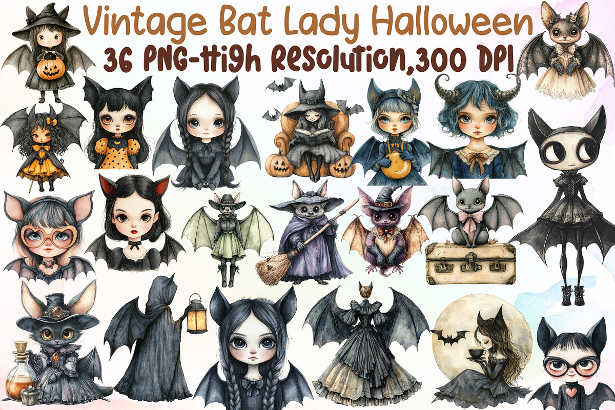 Vintage Bat Lady Halloween Clipart S, an Illustration by Sublimation Artist (Photo 1 of 6)