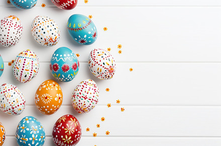 Colorful easter eggs on wooden background, a Holiday Photo by AlyaAnd