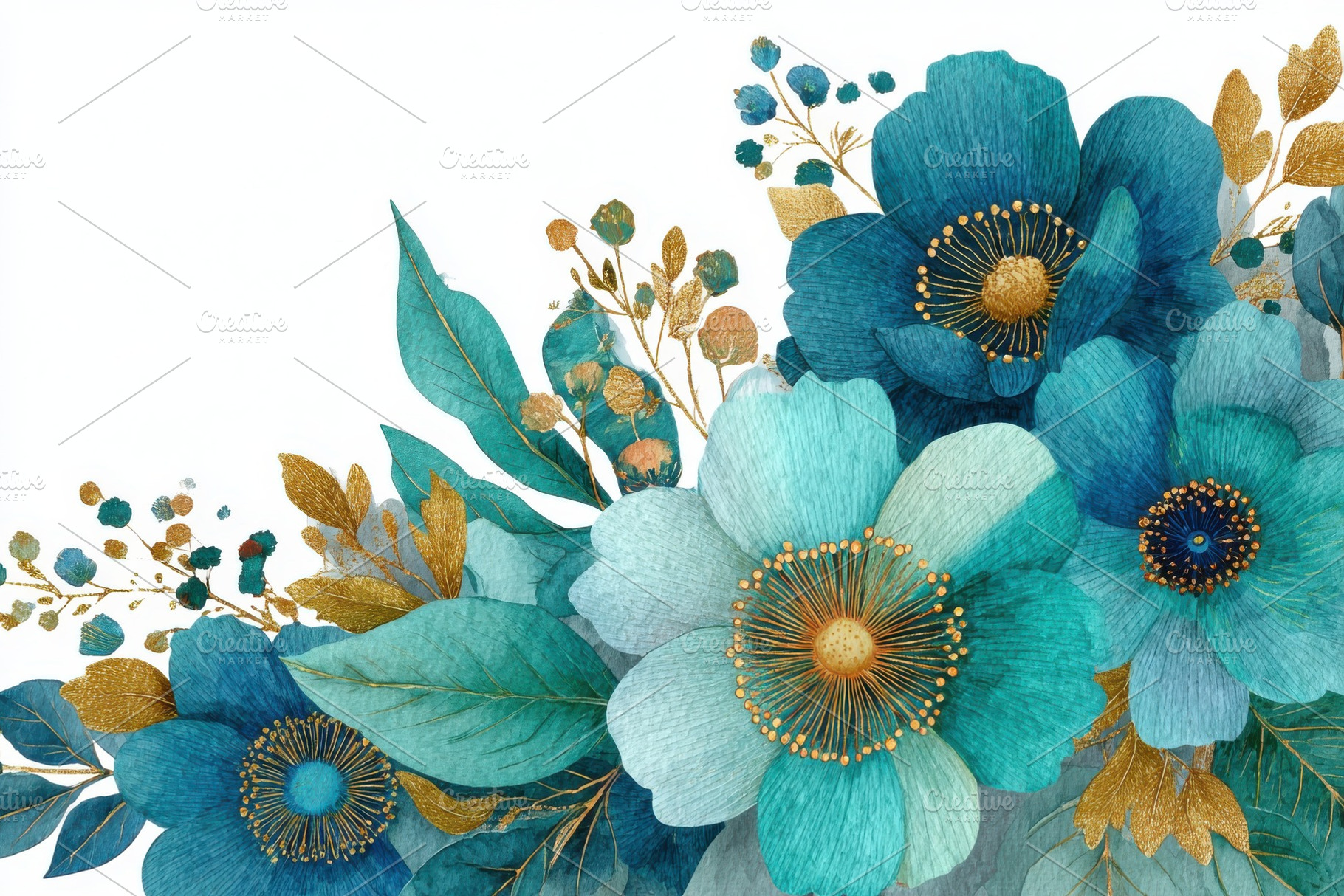 Teal and Gold Floral Watercolor Bouq, a Photo by Pixeness Studio