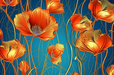 Red poppies in art deco style, art d