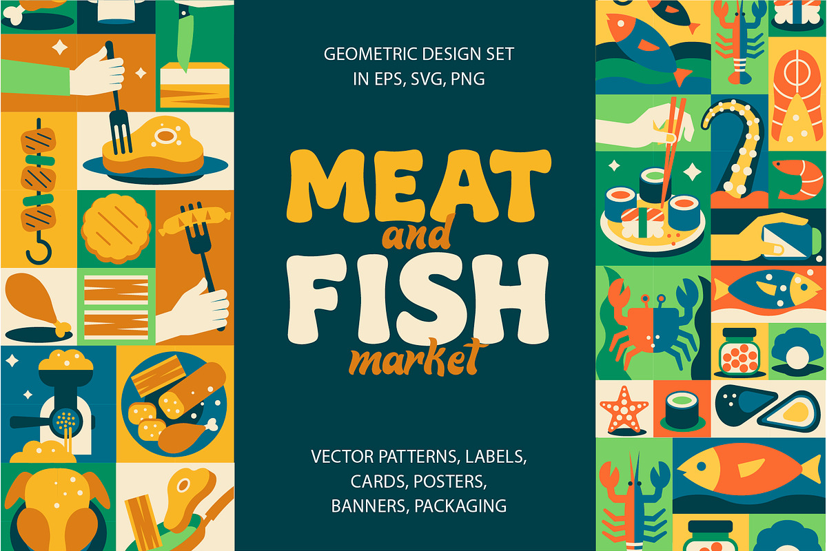 Mosaic Meat and Fish Designs, a Food Illustration by Lettering_Logo (Photo 1 of 9)