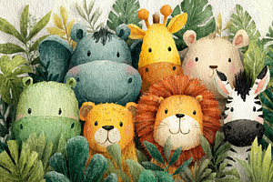Adorable jungle animals peeking thro, a Photo by Pixeness Studio