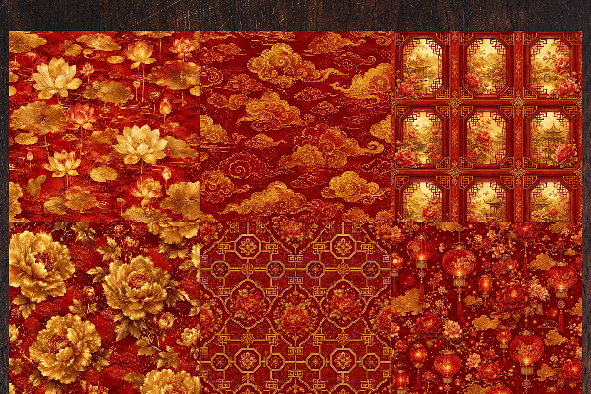 Red Gold Chinoiserie Digital Papers, a Pattern Graphic by LA Design (Photo 4 of 10)