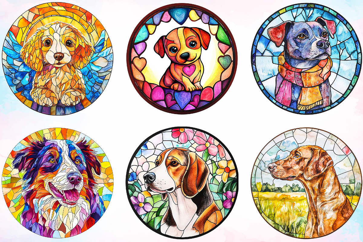 Round Stained Glass Dogs Clipart PNG, a Seasonal Illustration by Canvas Craft (Photo 4 of 4)