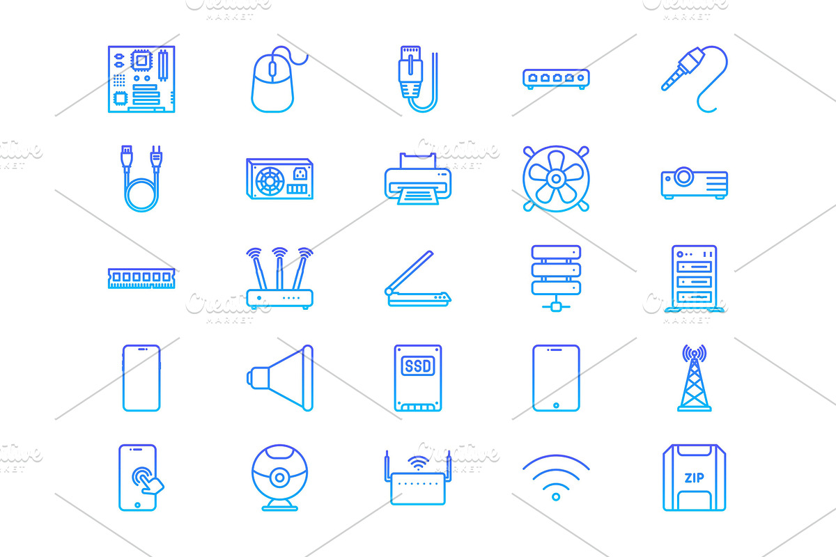 50 Computer Hardware Line Icons set, an Outline Icon by shahsoft