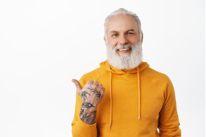 Advertisement. Smiling senior man