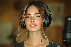 Young woman singing in microphone and recording voice and new so, a Photo by AlyaAnd