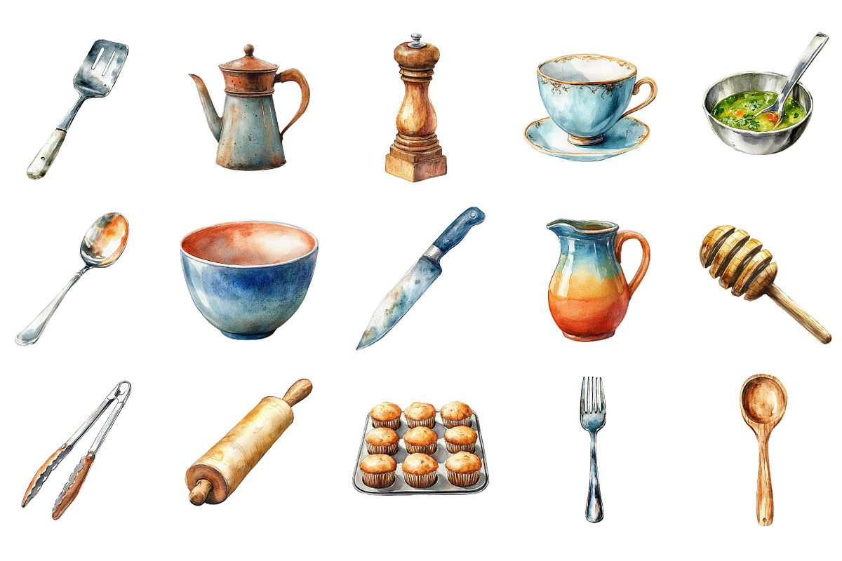 Watercolor Kitchen Utensils Clipart, an Icon by Designking (Photo 2 of 5)