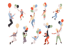 Kids fly on balloons. Adults and, a Person Illustration by YummyBuum