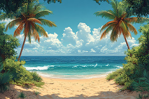 Summer beach view with palm trees, clear skies, and gentle ocean waves near a t, an Arts & Entertainment Photo by AlyaAnd