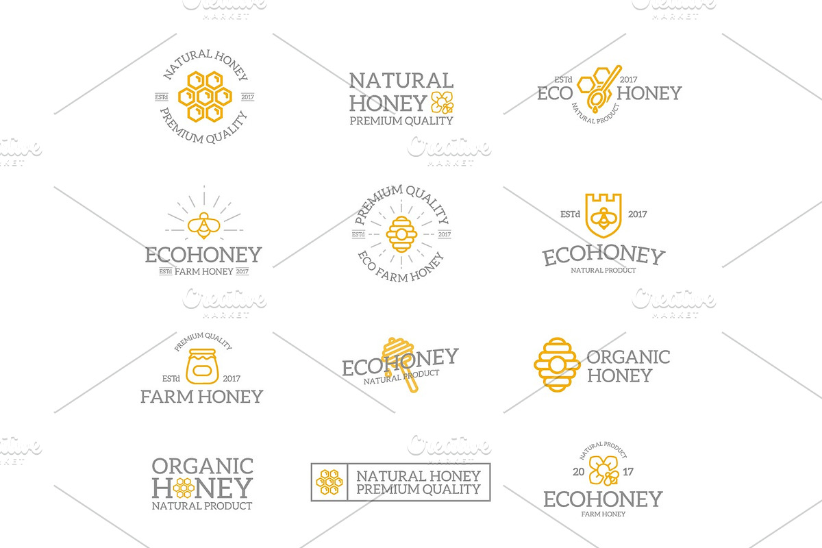 Set of retro vintage honey and bee logo or insignia, emblems, labels and badges and other branding objects. Vector line style, a Branding & Logo Template by GraphiShop (Photo 1 of 4)