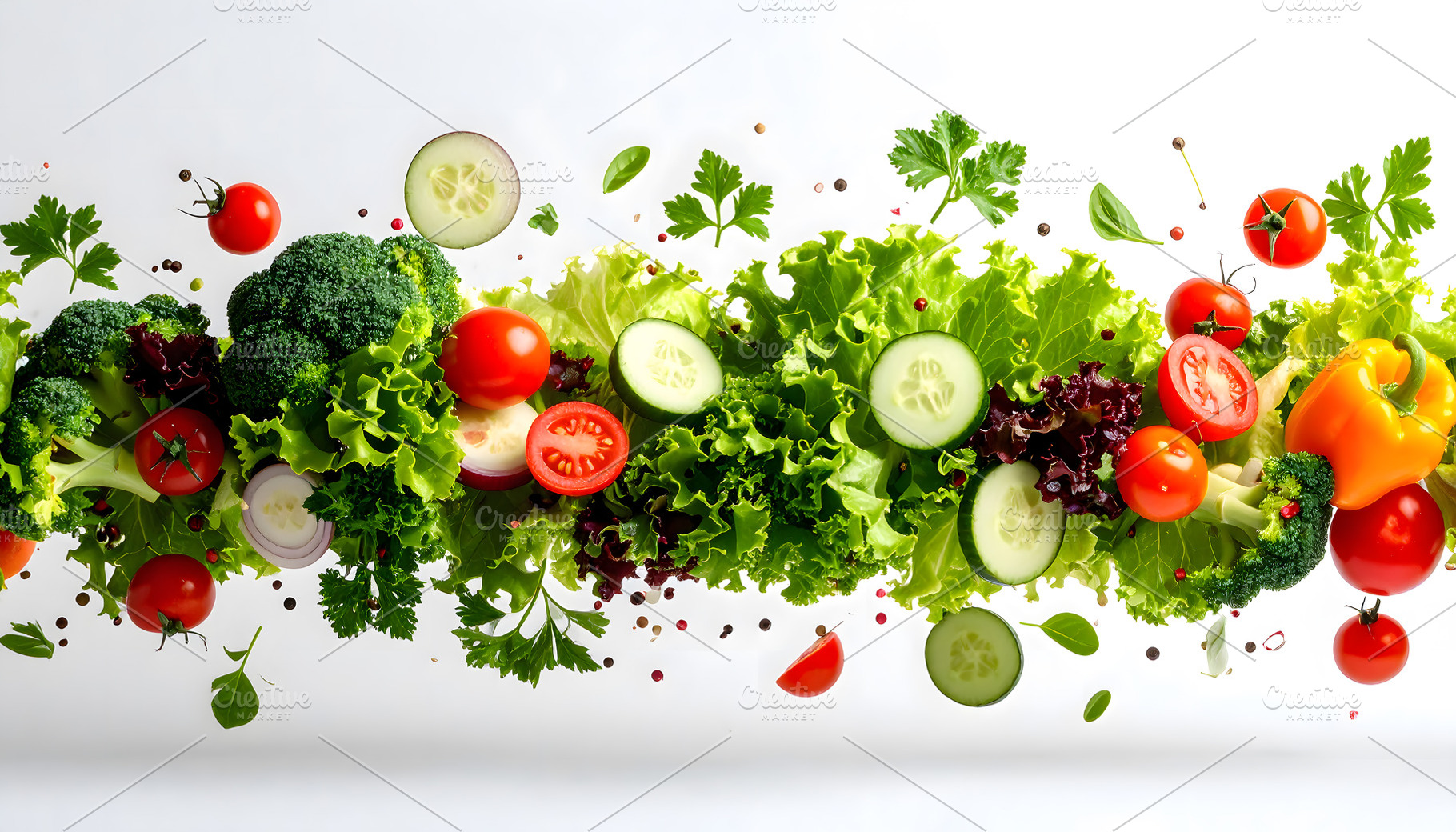 Flying vegetables with cucumbers tomatoes peppers and fresh lett, a Food & Drink Photo by GoodGoods