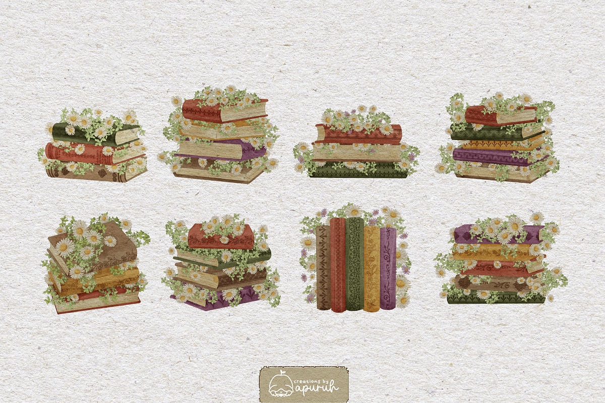 Vintage Floral Bookstacks Watercolor, a Decorative Illustration by creationsbyapuruh (Photo 2 of 8)