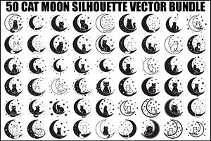 50 Cat Moon Silhouette Vector Bundle, an Illustration by jahid234