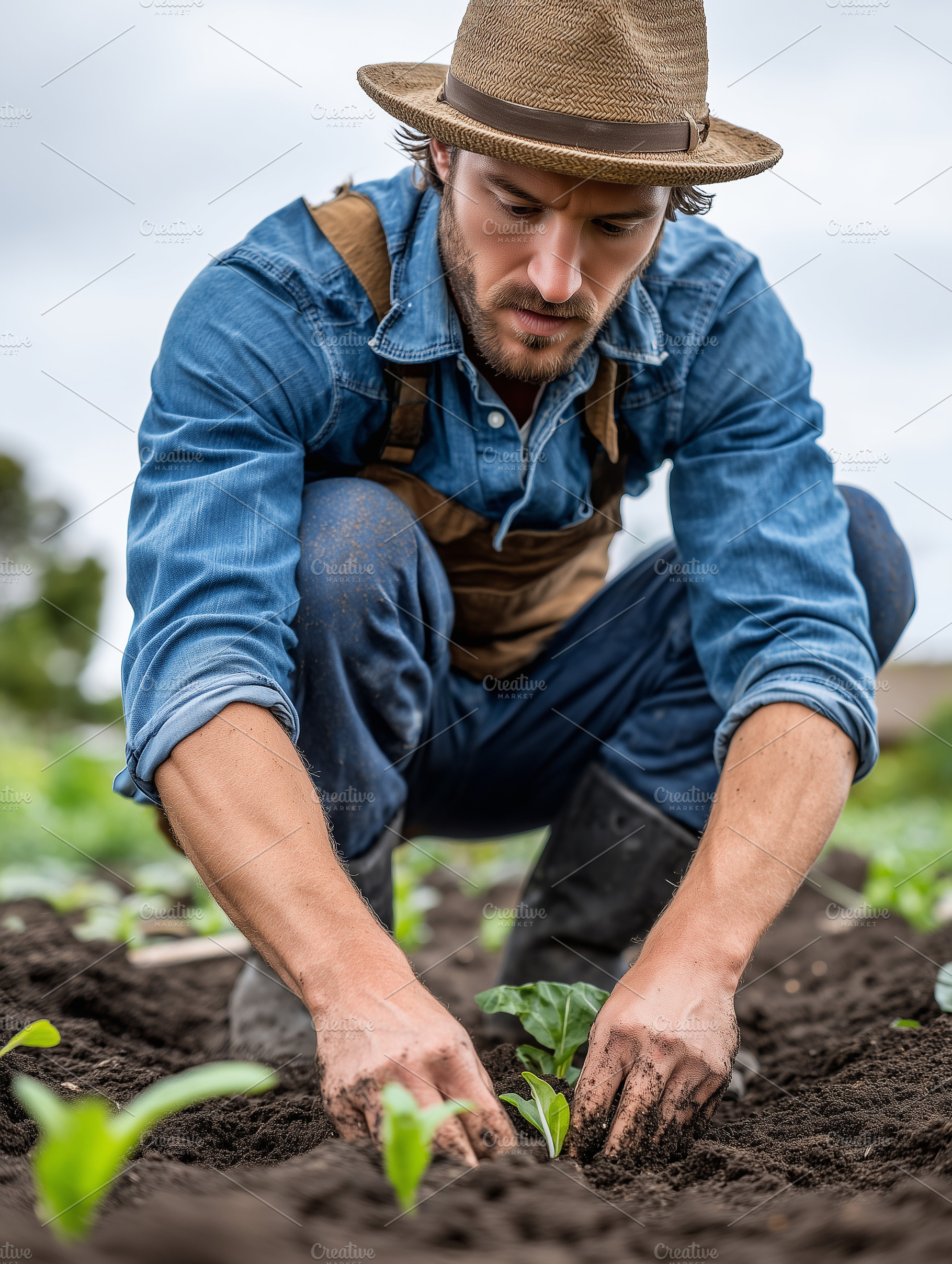 Young male farmer planting seedlings, an Industrial Photo by MistyDay