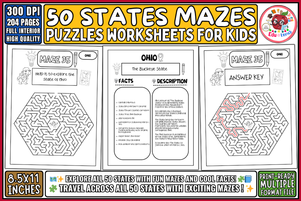 50 States Puzzles Mazes Worksheets, an Education Illustration by EduEnrich (Photo 1 of 3)