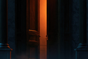 Haunted doorway with glowing orange light for Halloween