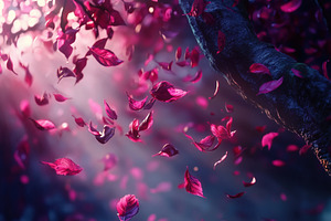 A dreamy scene of pink leaves swirling in the air, illuminated by soft light be, a Photo by Textures & Backgrounds