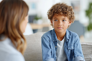 Thoughtful young boy with curly hair, a Health & Medical Photo by MistyDay