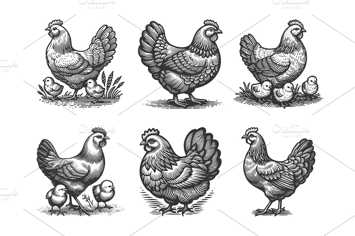 Hen and Chick engraving set vector, an Animal Illustration by AlexArt