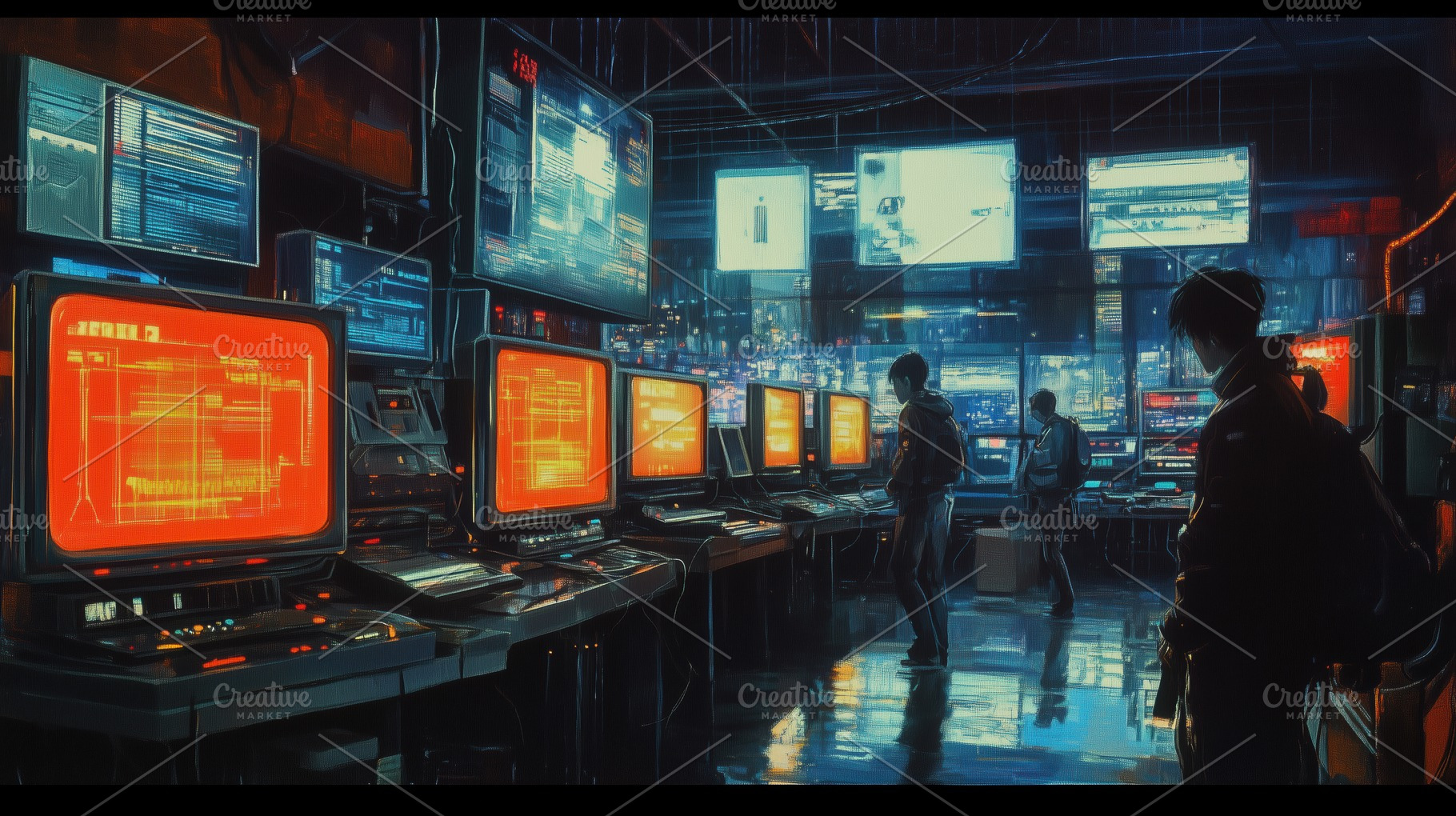 A futuristic control room filled with glowing screens and monitors displaying d, an Arts & Entertainment Photo by Textures & Backgrounds