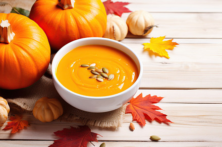 Pumpkin soup in plate with orange pumpkins and dry leaves on wooden background, a Food & Drink Photo by AlyaAnd