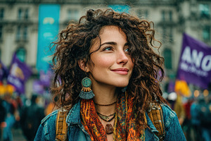 Smiling young woman with curly hair and colorful scarf at peacef, a Person Photo by José Manuel Gelpi