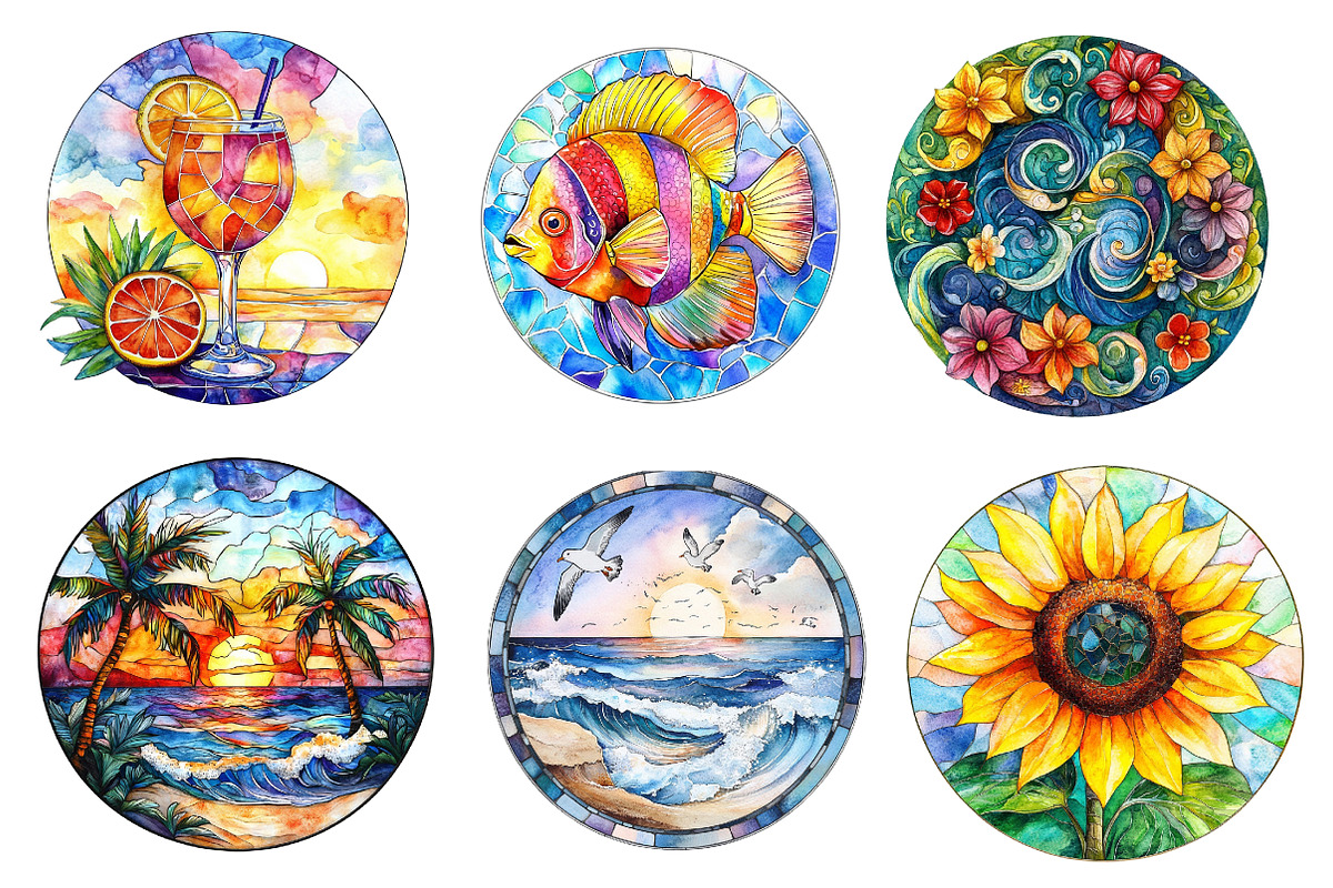Round Stained Glass Summer Clipart, an Illustration by CreationArt (Photo 2 of 5)
