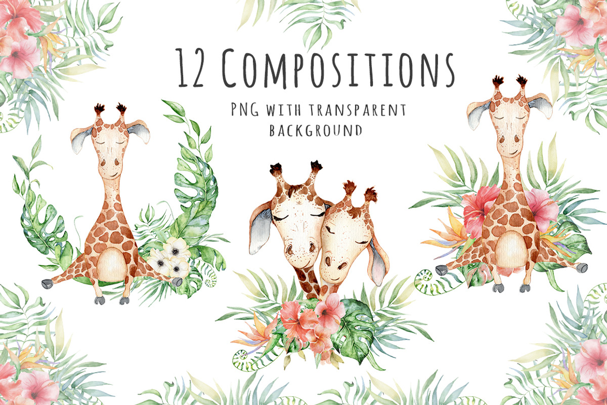 Lovely Giraffes watercolor set, an Animal Illustration by Evgeniia