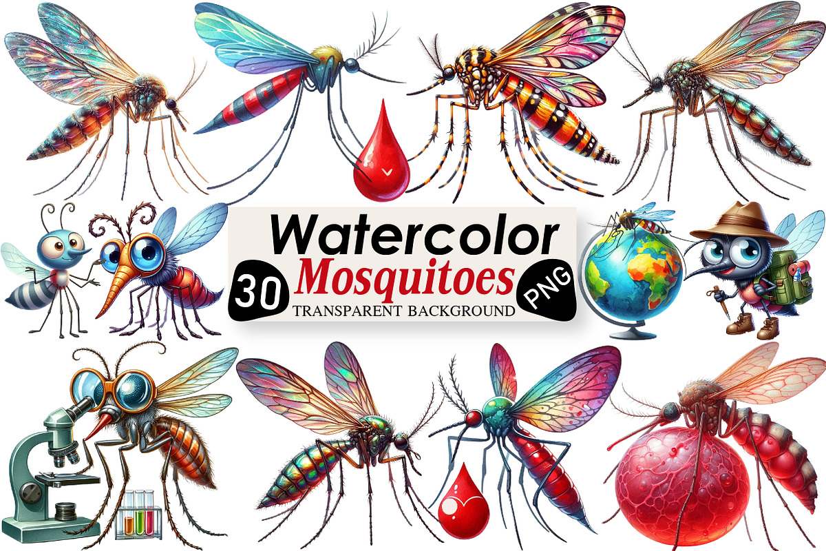 Watercolor Mosquitoes Clipart, an Illustration by Black Bird Studio (Photo 1 of 6)