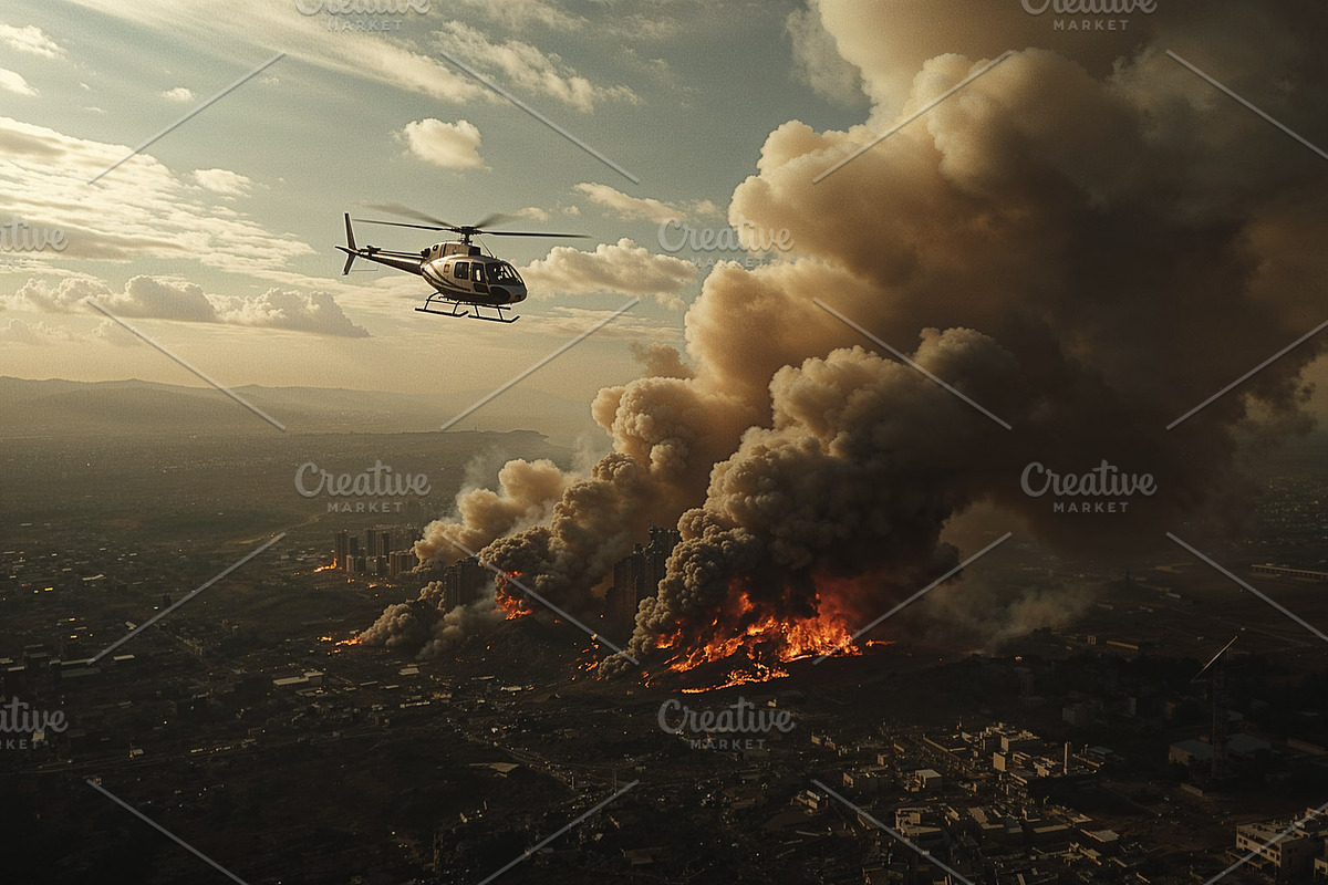 Roaring fire consuming buildings, an Illustration by wavebreak