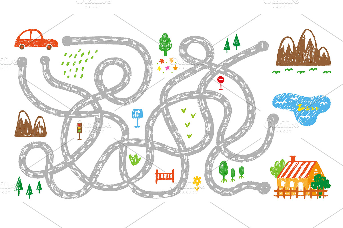 Maze game with car. Children play, an Education Illustration by Valerie Bodnar
