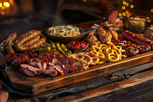 Traditional german meat platter with sausages and pretzels, a Food & Drink Photo by Photostock