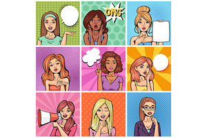 Comic Woman Vector Popart Cartoon Girl Character Speaking Bubble Speech Or Comicgirl Illustration Female Set Of Beautiful Lady Pinup With Pretty Face 