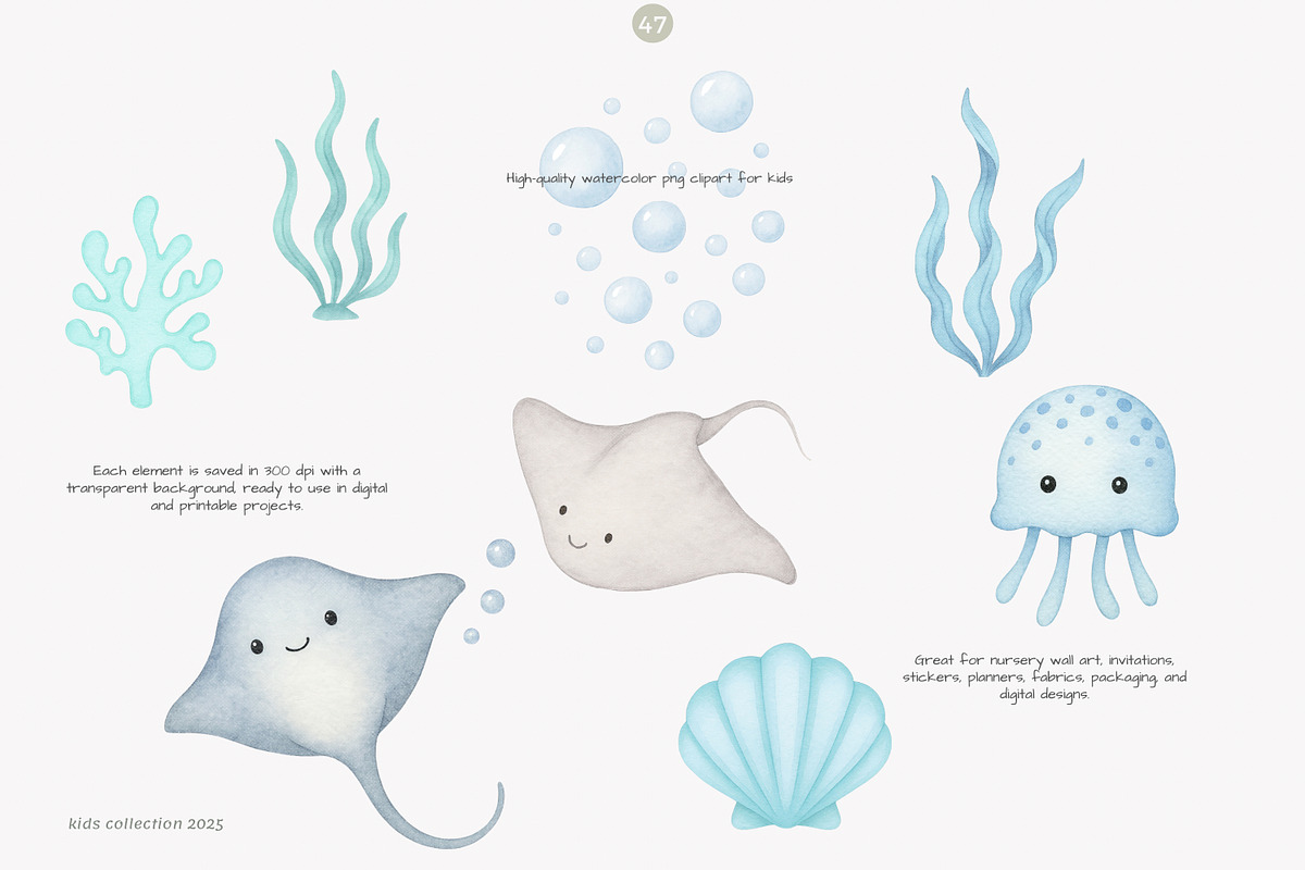 watercolor under the sea clipart, a Decorative Illustration by Pink Studio Art (Photo 2 of 9)