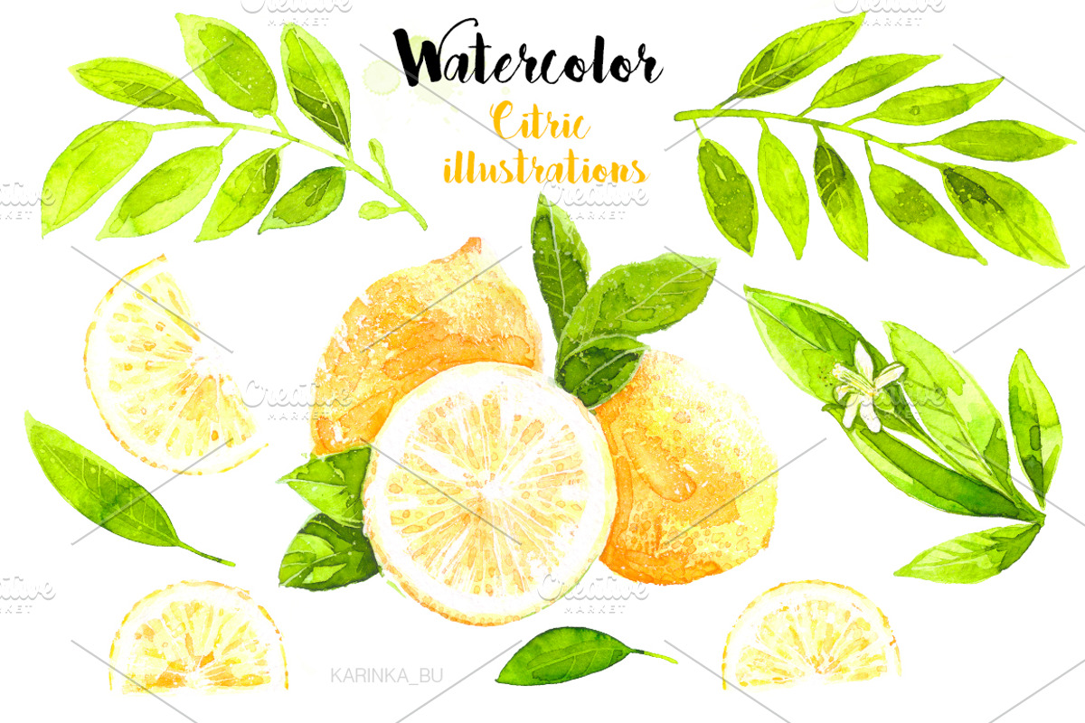 Watercolor Lemons Set illustrations., a Food Illustration by KarinkaBU (Photo 2 of 7)