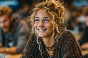 Smiling student at a collaborative workspace engaging in a cheerful atmosphere, a Photo by AS photostudio