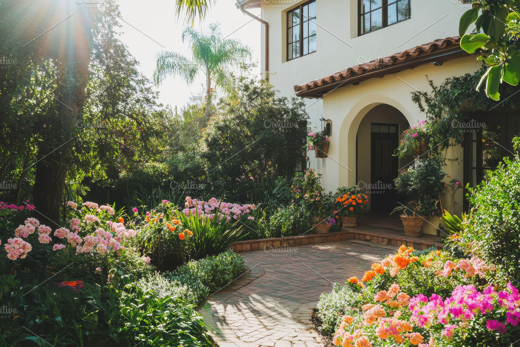 Beautiful garden blooms surround a c, a Photo by Tanuart
