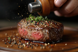 Seasoning a juicy grilled steak with, a Food & Drink Photo by Pixeness Studio