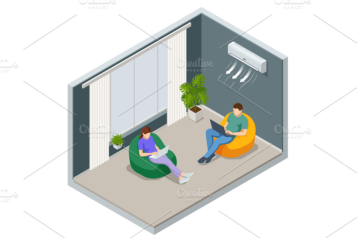 Isometric room with young people, a Technology Illustration by Golden Sikorka