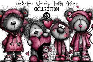 Quirky Teddy Bear Valentine Clipart, an Illustration by DreamCafeArt