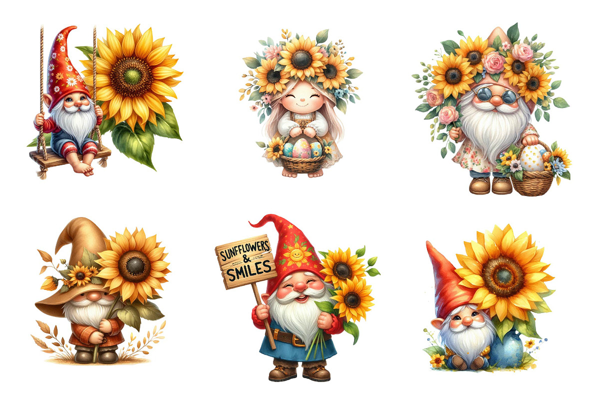 Watercolor Sunflower Gnomes Clipart, an Illustration by CreationArt (Photo 5 of 5)