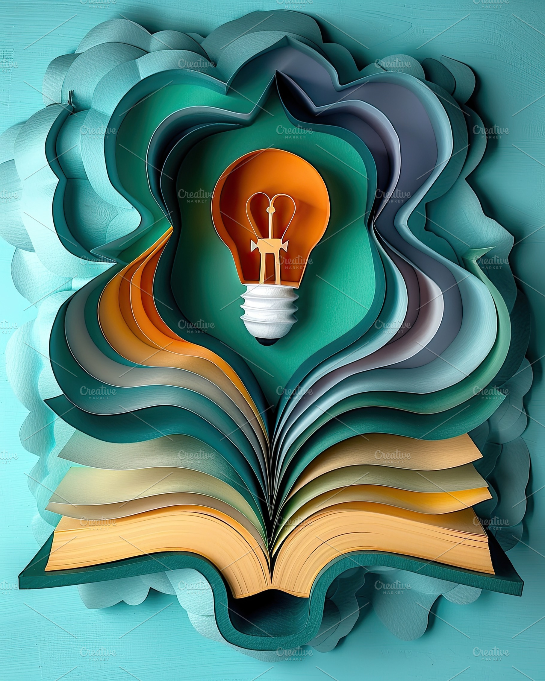Open book with yellow pages and orange light bulb in layered pap, a Background Photo by José Manuel Gelpi